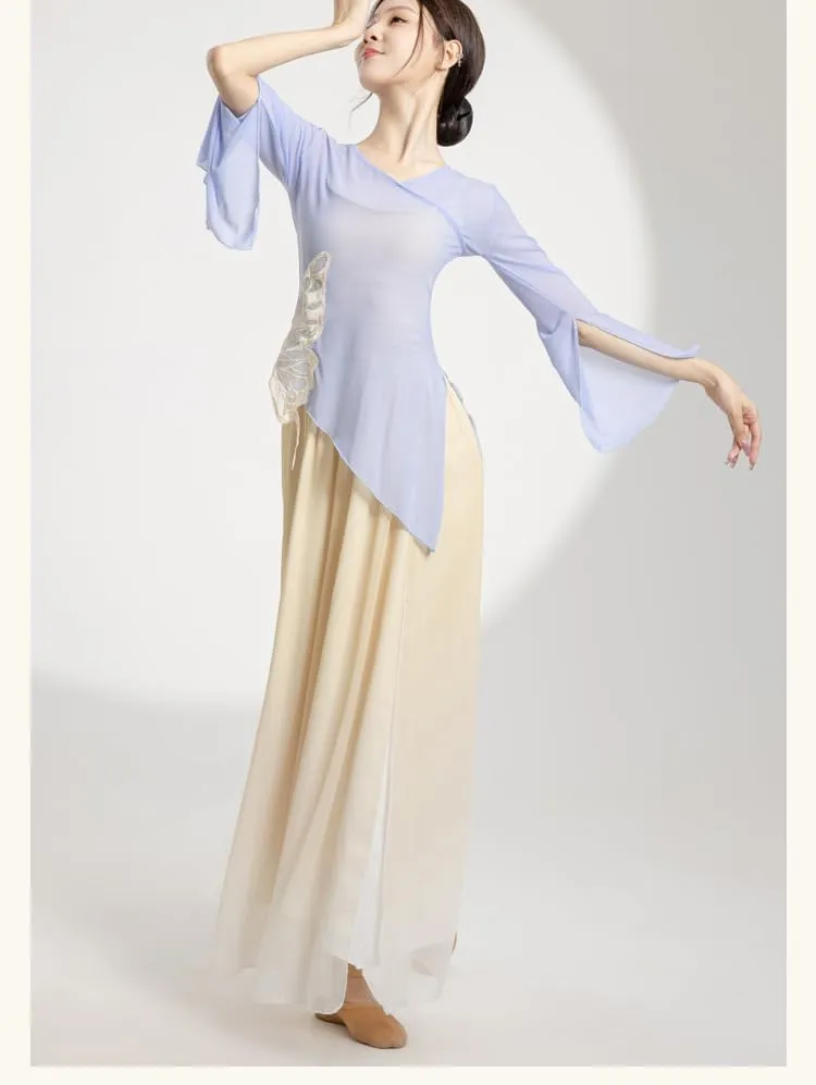 Women Dance Tops Ballet Wrap Top Chinese Traditional Sheer Mesh Blouse Ruffle Sleeve Shirts Slim Fit Tops
