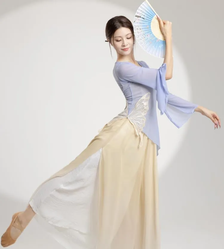 Women Dance Tops Ballet Wrap Top Chinese Traditional Sheer Mesh Blouse Ruffle Sleeve Shirts Slim Fit Tops