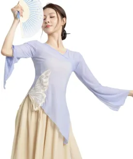 Women Dance Tops Ballet Wrap Top Chinese Traditional Sheer Mesh Blouse Ruffle Sleeve Shirts Slim Fit Tops