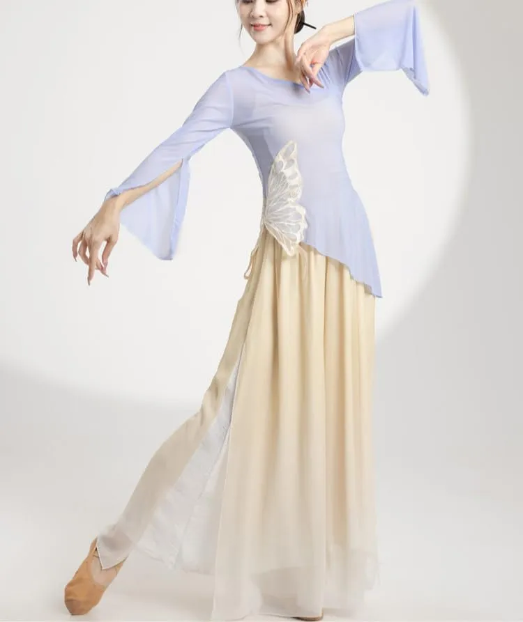 Women Dance Tops Ballet Wrap Top Chinese Traditional Sheer Mesh Blouse Ruffle Sleeve Shirts Slim Fit Tops