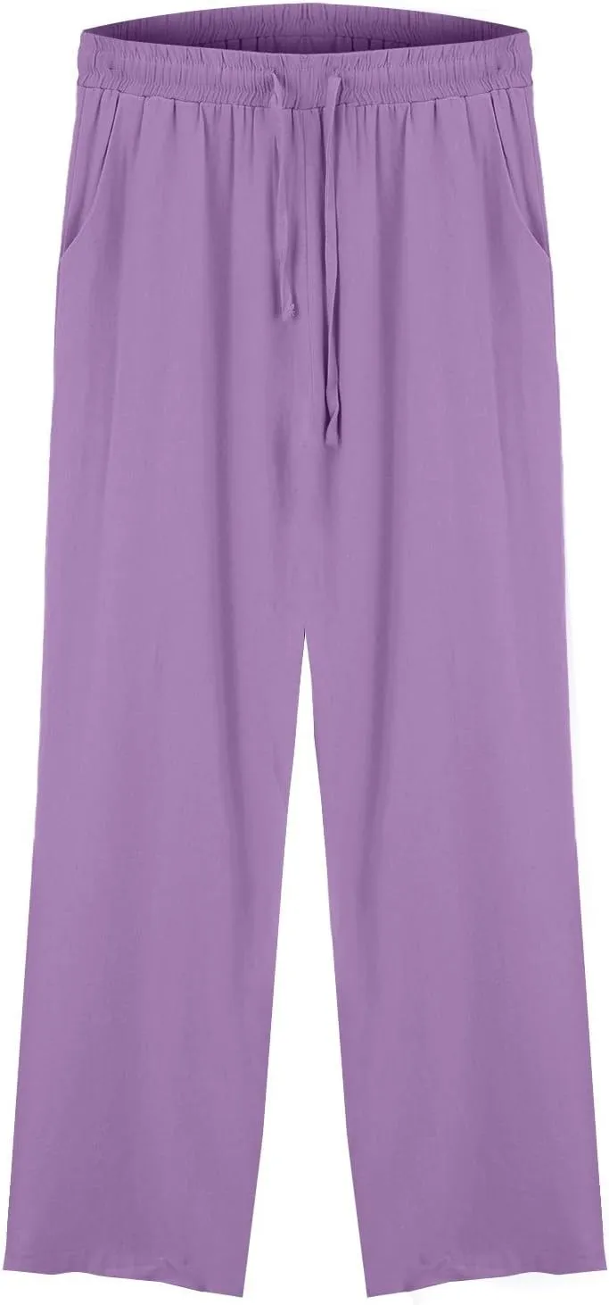 Women Linen Pants 2025 Summer Wide Leg Drawstring High Waisted Palazzo Pants Prints Flowy Beach Trousers with Pockets