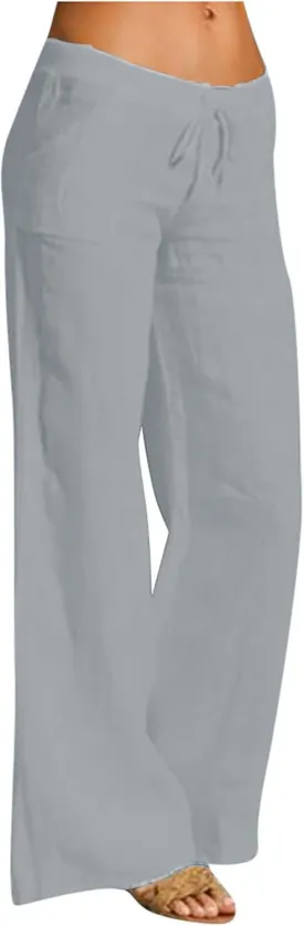 Women Linen Pants 2025 Summer Wide Leg Drawstring High Waisted Palazzo Pants Prints Flowy Beach Trousers with Pockets