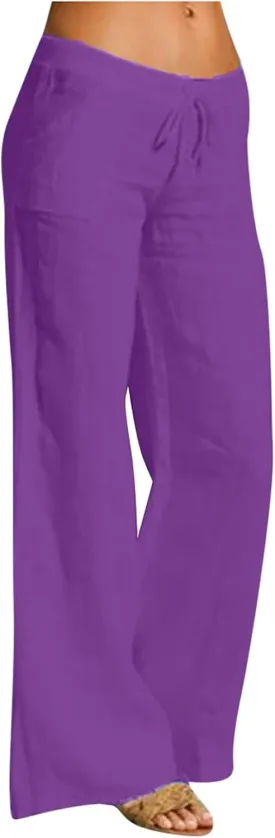 Women Linen Pants 2025 Summer Wide Leg Drawstring High Waisted Palazzo Pants Prints Flowy Beach Trousers with Pockets