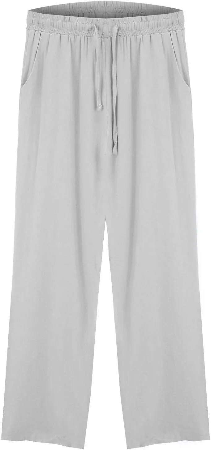 Women Linen Pants 2025 Summer Wide Leg Drawstring High Waisted Palazzo Pants Prints Flowy Beach Trousers with Pockets