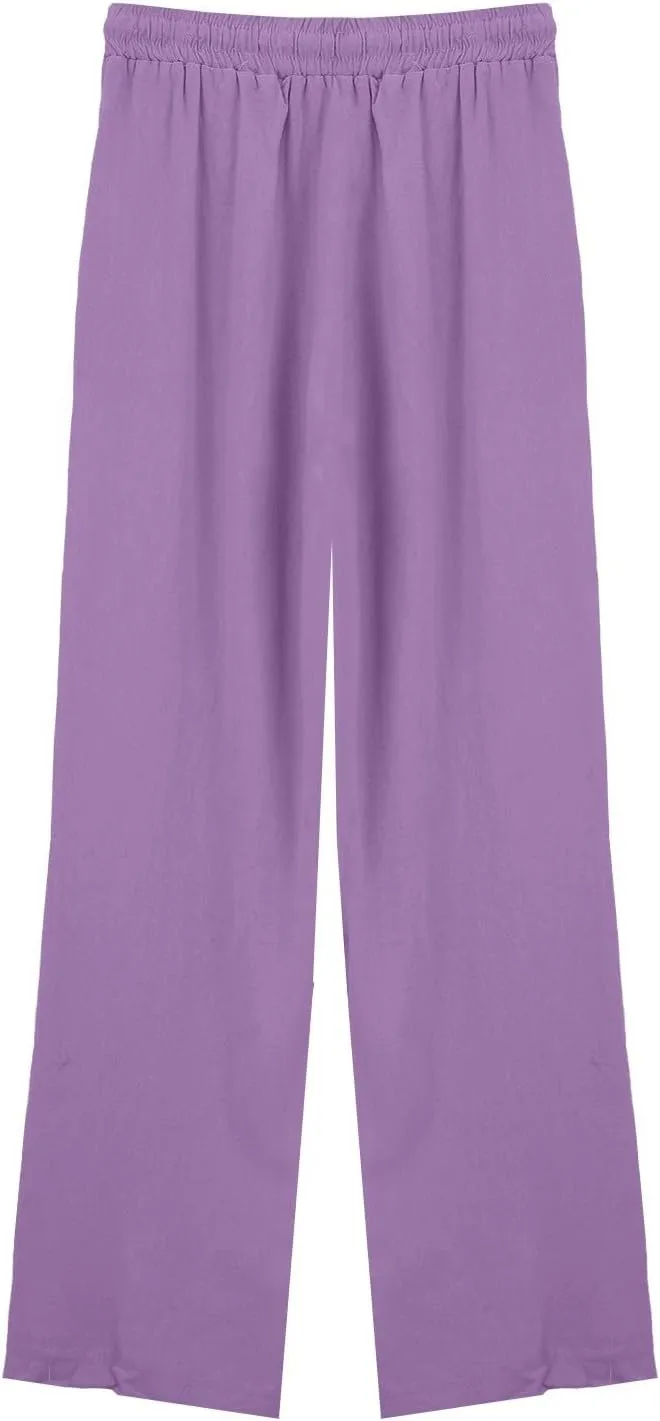 Women Linen Pants 2025 Summer Wide Leg Drawstring High Waisted Palazzo Pants Prints Flowy Beach Trousers with Pockets