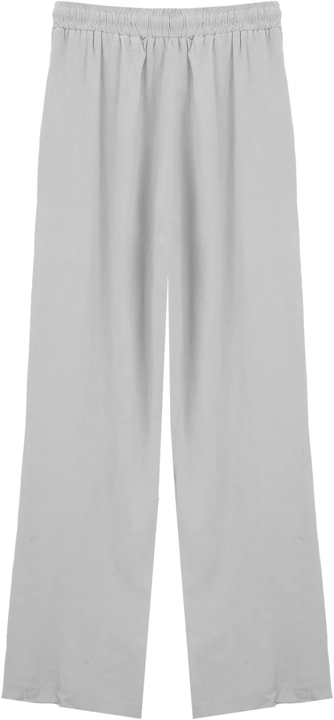 Women Linen Pants 2025 Summer Wide Leg Drawstring High Waisted Palazzo Pants Prints Flowy Beach Trousers with Pockets