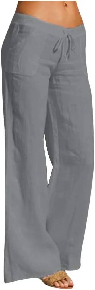 Women Linen Pants 2025 Summer Wide Leg Drawstring High Waisted Palazzo Pants Prints Flowy Beach Trousers with Pockets