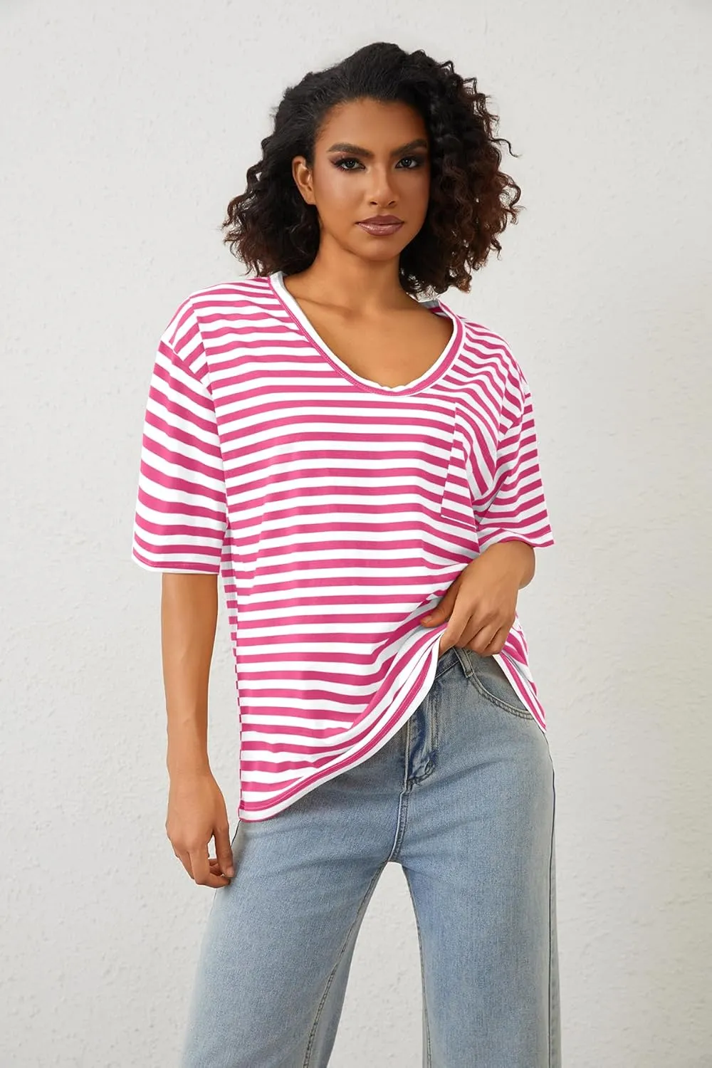 Women Oversized T Shirt Striped Short Sleeve Deep V Neck Tee Shirt Casual Loose Drop Shoulder Summer Going Out Top