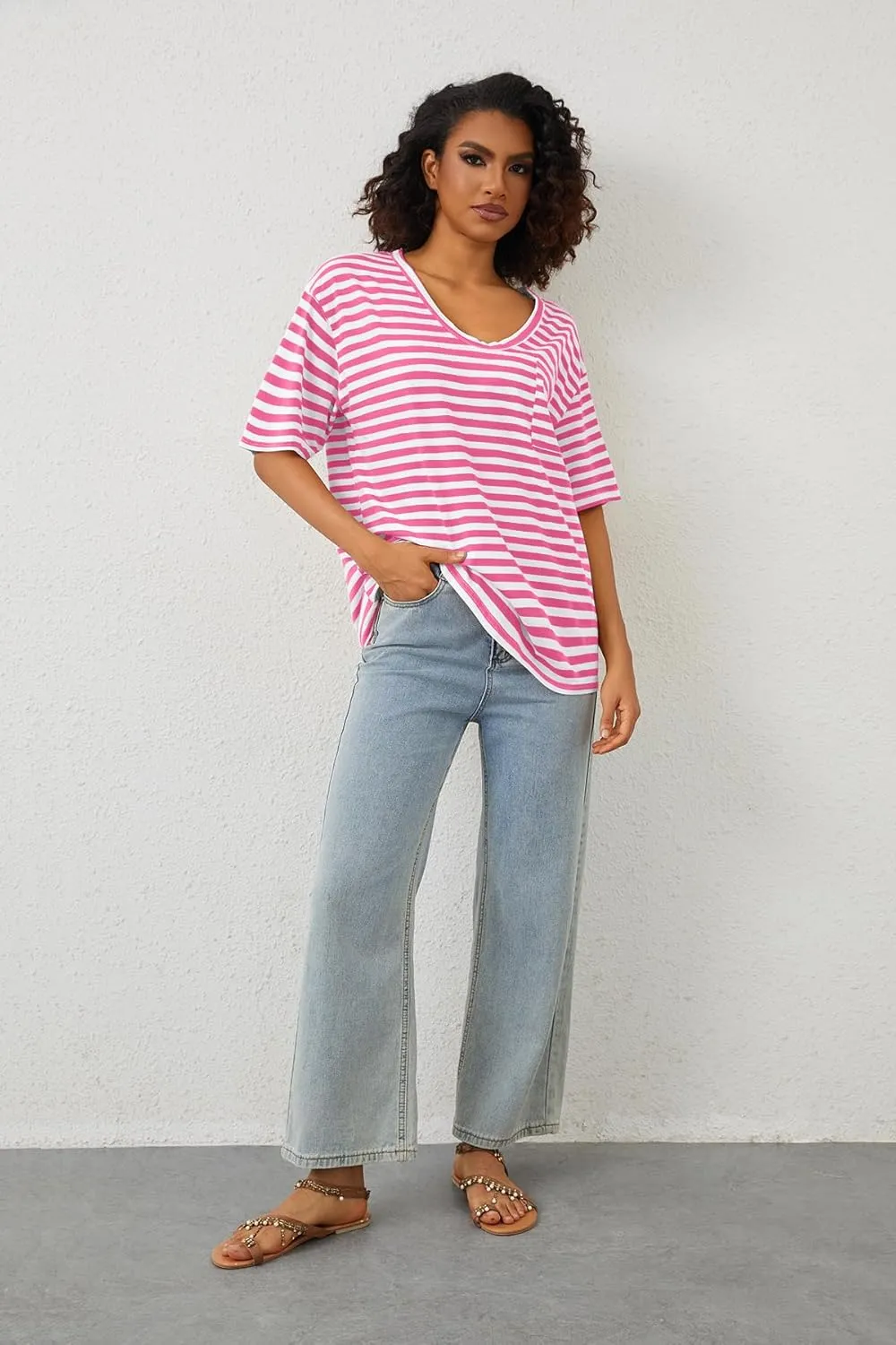 Women Oversized T Shirt Striped Short Sleeve Deep V Neck Tee Shirt Casual Loose Drop Shoulder Summer Going Out Top