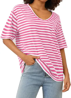 Women Oversized T Shirt Striped Short Sleeve Deep V Neck Tee Shirt Casual Loose Drop Shoulder Summer Going Out Top