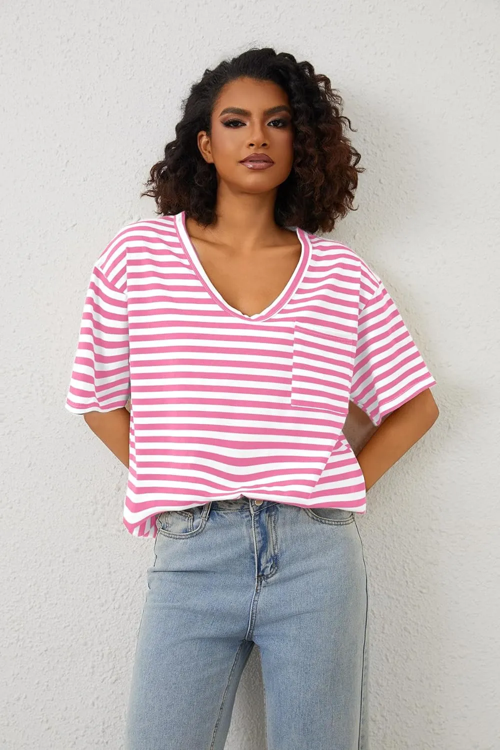 Women Oversized T Shirt Striped Short Sleeve Deep V Neck Tee Shirt Casual Loose Drop Shoulder Summer Going Out Top