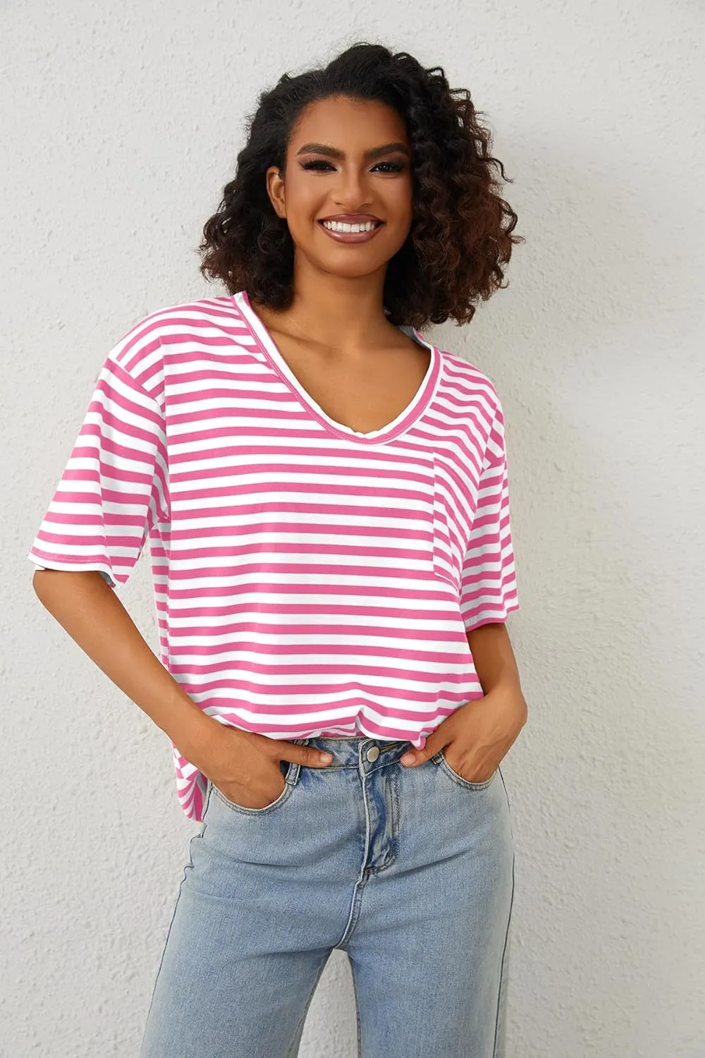 Women Oversized T Shirt Striped Short Sleeve Deep V Neck Tee Shirt Casual Loose Drop Shoulder Summer Going Out Top