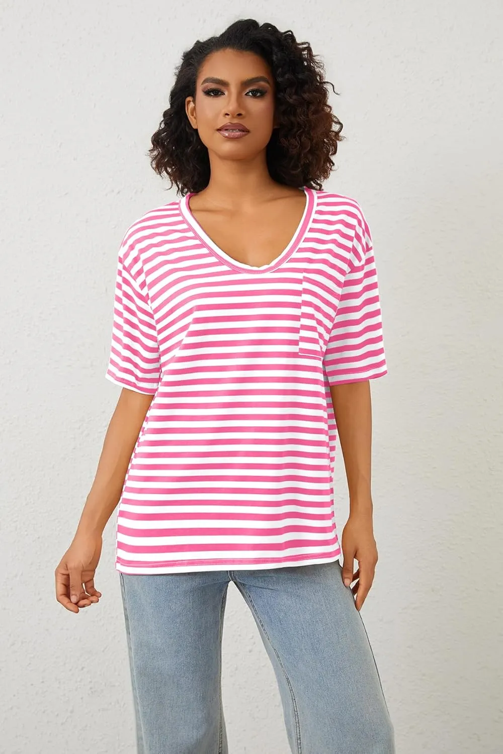 Women Oversized T Shirt Striped Short Sleeve Deep V Neck Tee Shirt Casual Loose Drop Shoulder Summer Going Out Top