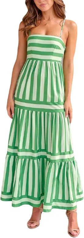 Women Striped Maxi Dress Smocked Backless Spaghetti Strap Long Flowy Dress Sleeveless Boho Aline Sundress