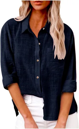 Women's Linen Shirt 2024 Fall Casual Loose Long Sleeve V Neck Blouses Cotton Linen Going Out Vintage Long Sleeve