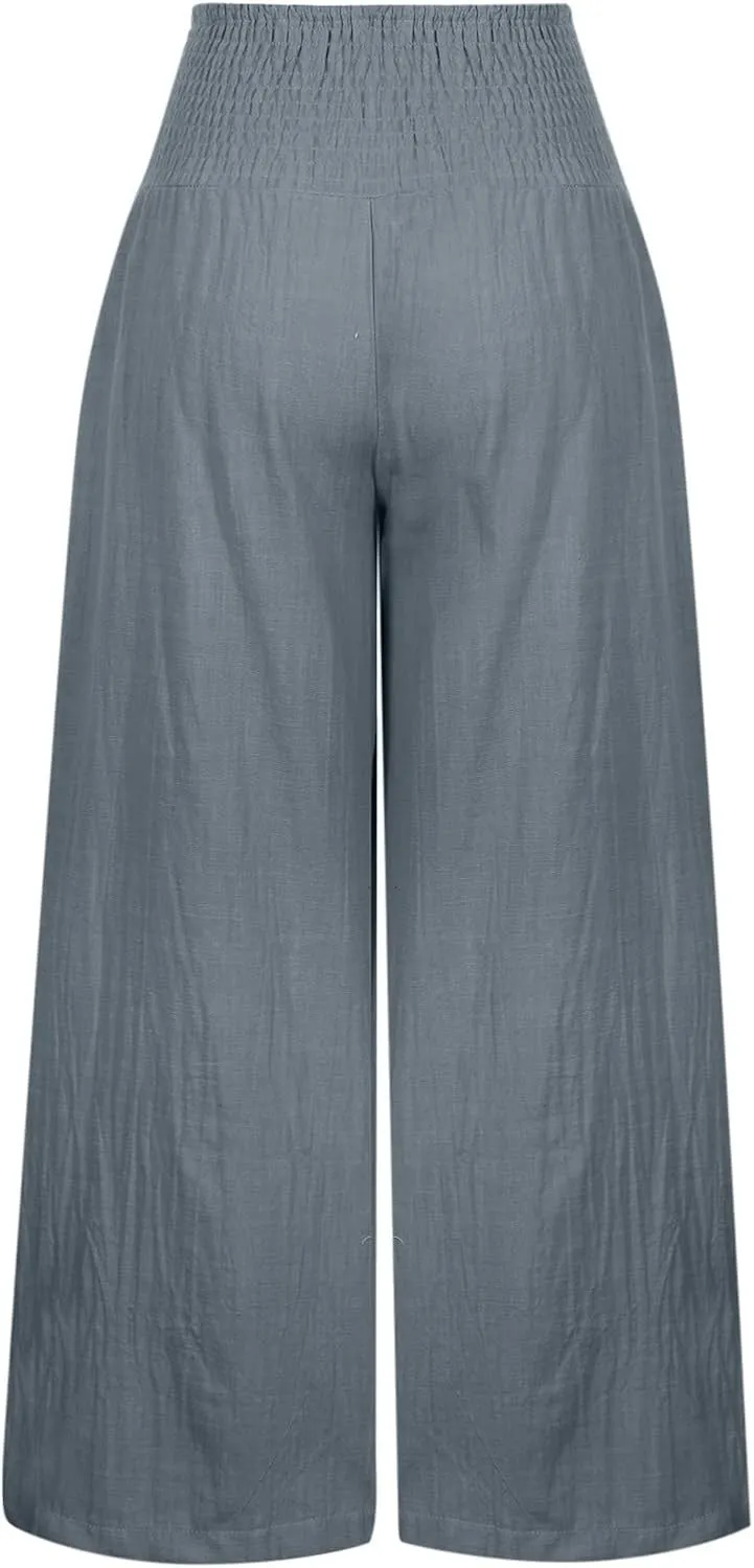 Womens Summer Pants Trendy High Waist Cotton Linen Palazzo Pants Smocked Wide Leg Boho Beach Travel Outfits