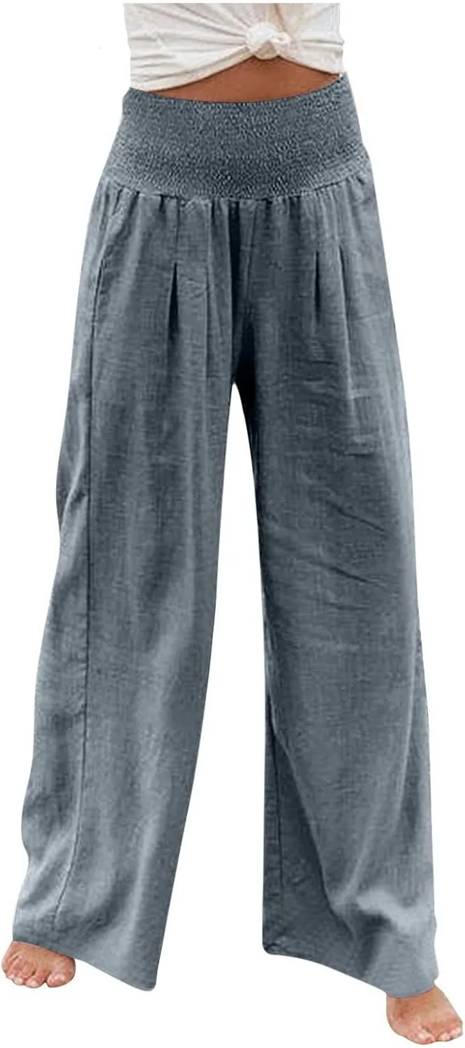Womens Summer Pants Trendy High Waist Cotton Linen Palazzo Pants Smocked Wide Leg Boho Beach Travel Outfits