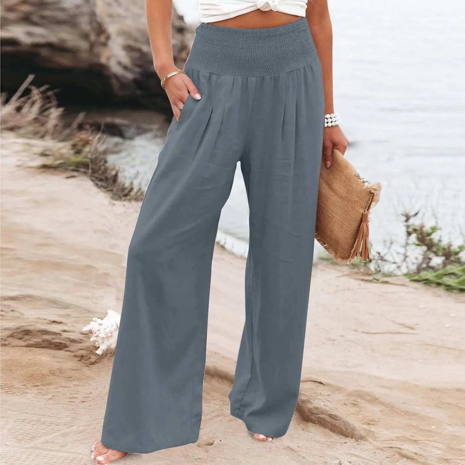 Womens Summer Pants Trendy High Waist Cotton Linen Palazzo Pants Smocked Wide Leg Boho Beach Travel Outfits