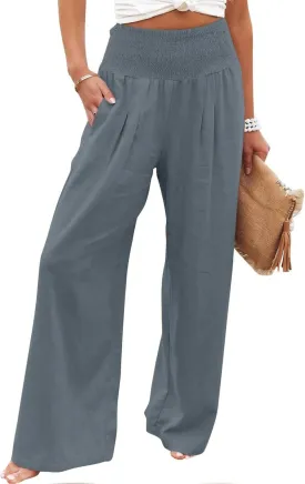 Womens Summer Pants Trendy High Waist Cotton Linen Palazzo Pants Smocked Wide Leg Boho Beach Travel Outfits