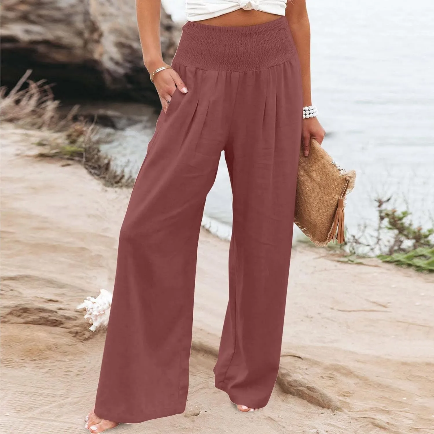 Womens Summer Pants Trendy High Waist Cotton Linen Palazzo Pants Smocked Wide Leg Boho Beach Travel Outfits