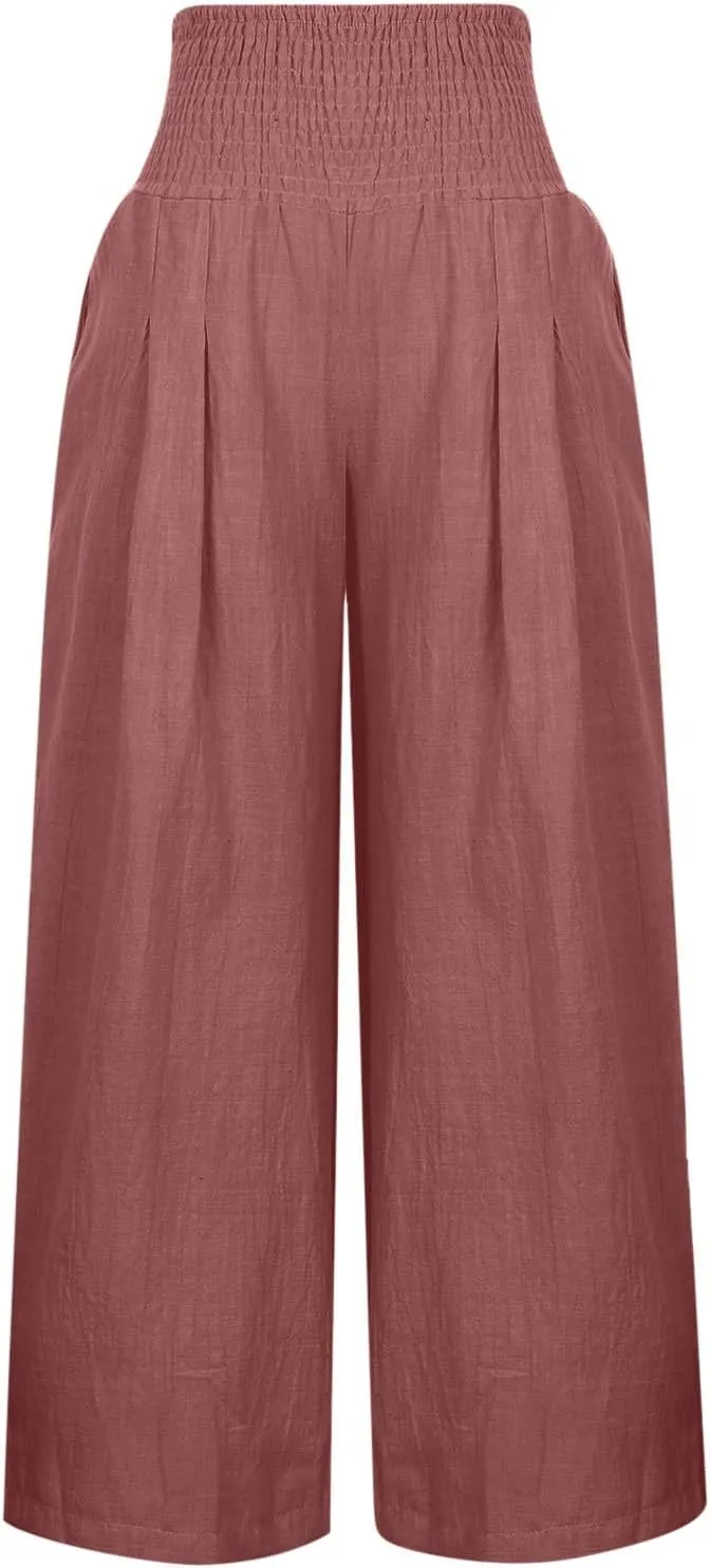 Womens Summer Pants Trendy High Waist Cotton Linen Palazzo Pants Smocked Wide Leg Boho Beach Travel Outfits