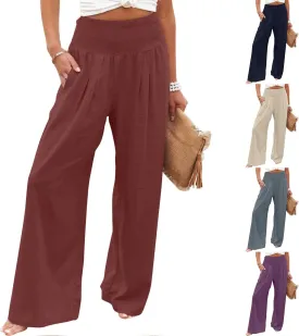 Womens Summer Pants Trendy High Waist Cotton Linen Palazzo Pants Smocked Wide Leg Boho Beach Travel Outfits