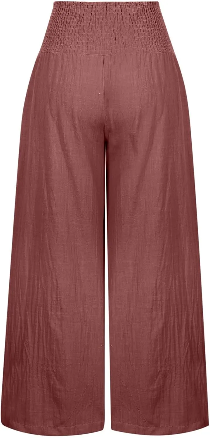 Womens Summer Pants Trendy High Waist Cotton Linen Palazzo Pants Smocked Wide Leg Boho Beach Travel Outfits