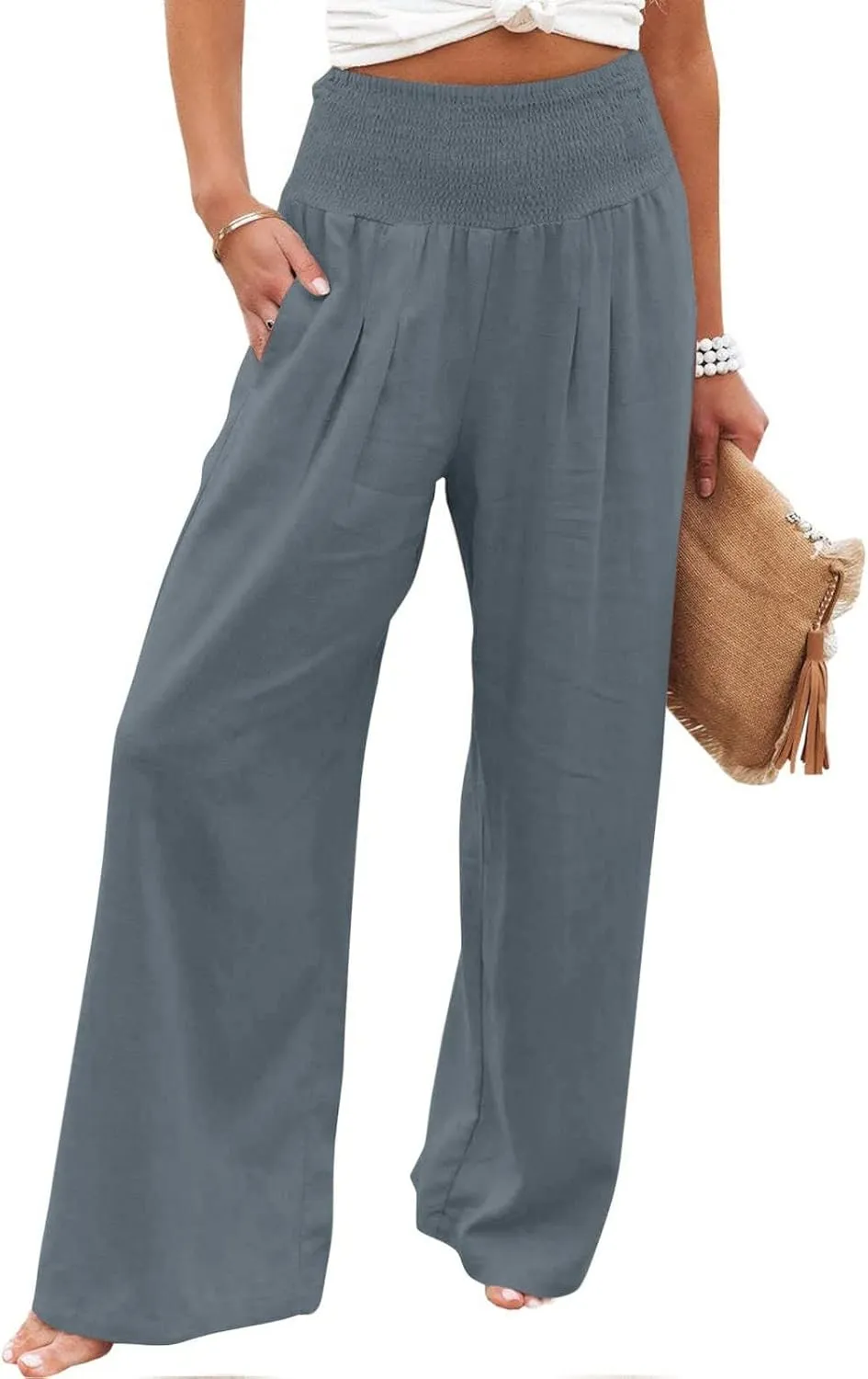 Womens Summer Pants Trendy High Waist Cotton Linen Palazzo Pants Smocked Wide Leg Boho Beach Travel Outfits