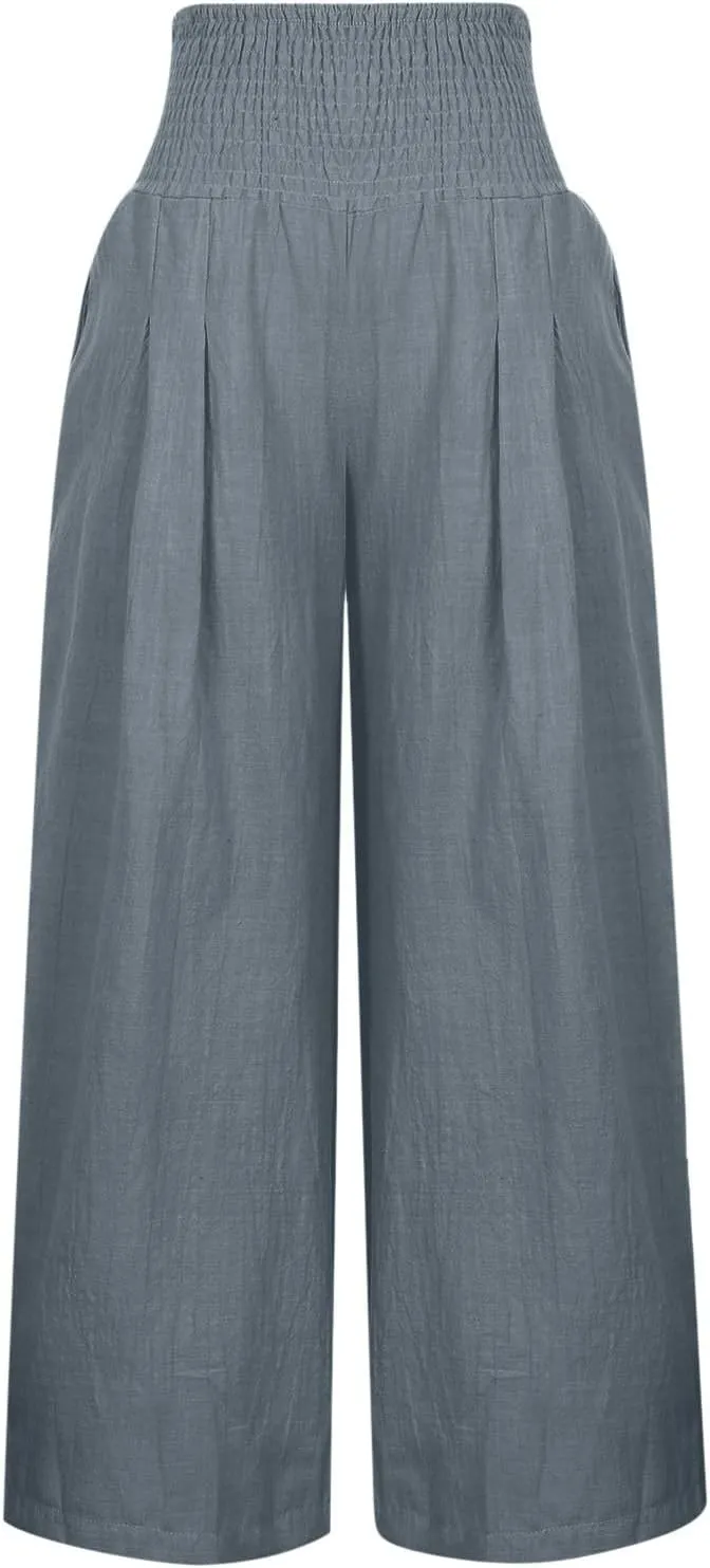 Womens Summer Pants Trendy High Waist Cotton Linen Palazzo Pants Smocked Wide Leg Boho Beach Travel Outfits