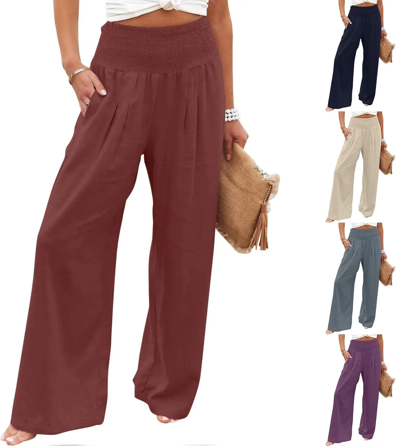 Womens Summer Pants Trendy High Waist Cotton Linen Palazzo Pants Smocked Wide Leg Boho Beach Travel Outfits