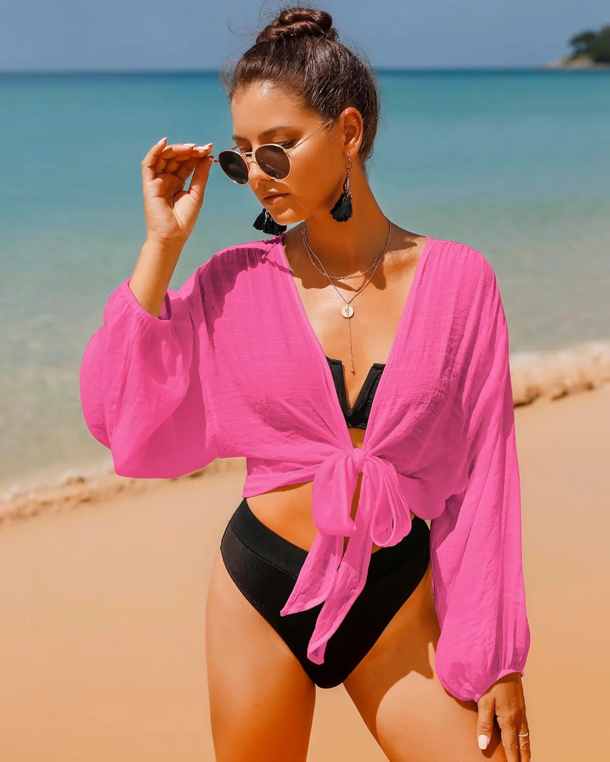 Women's Swimwear Cover Ups Tops Tunic Self-tie Swimsuit Bikini Bathing Suit Long Sleeve Soft Beach Shirt for Women