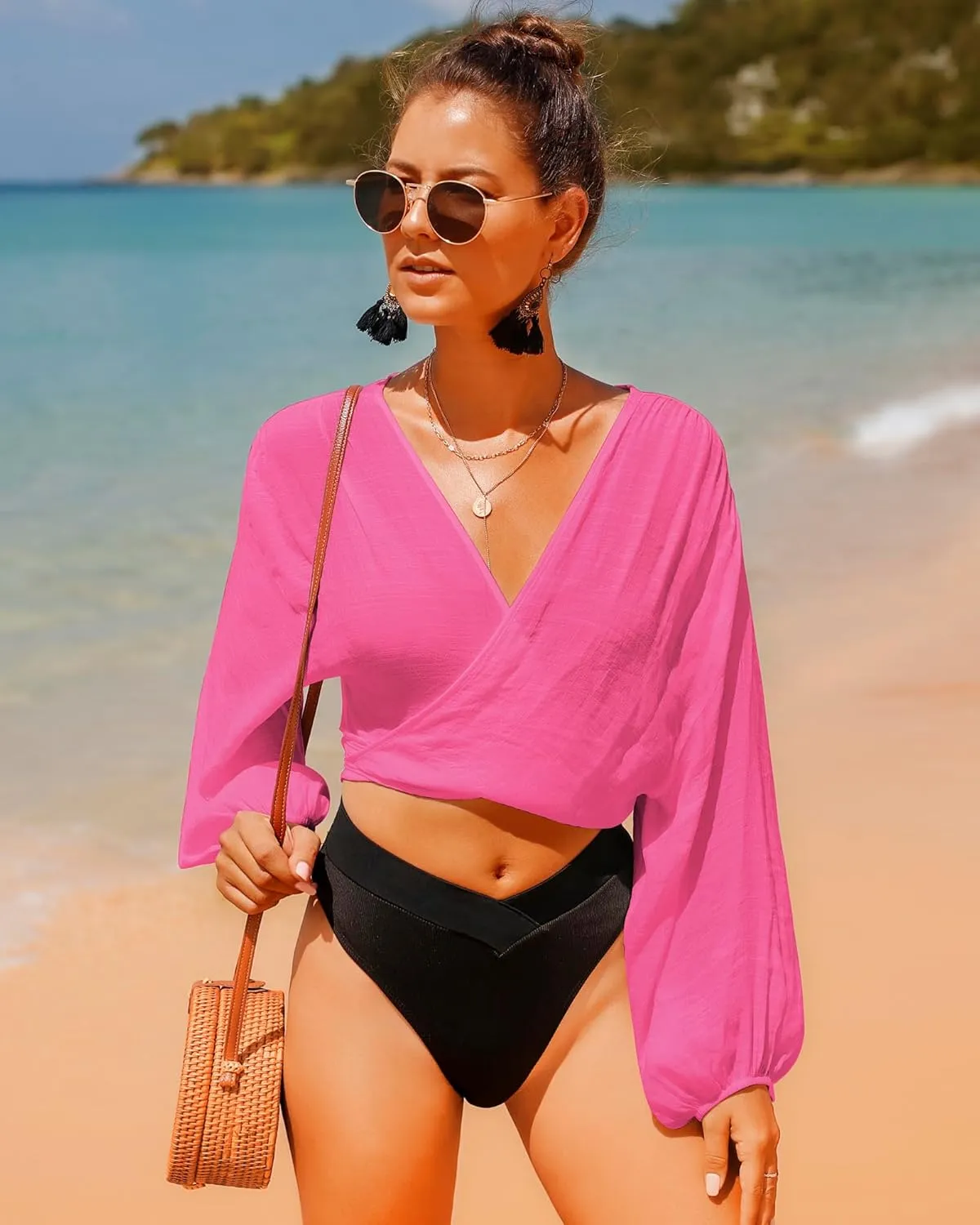 Women's Swimwear Cover Ups Tops Tunic Self-tie Swimsuit Bikini Bathing Suit Long Sleeve Soft Beach Shirt for Women