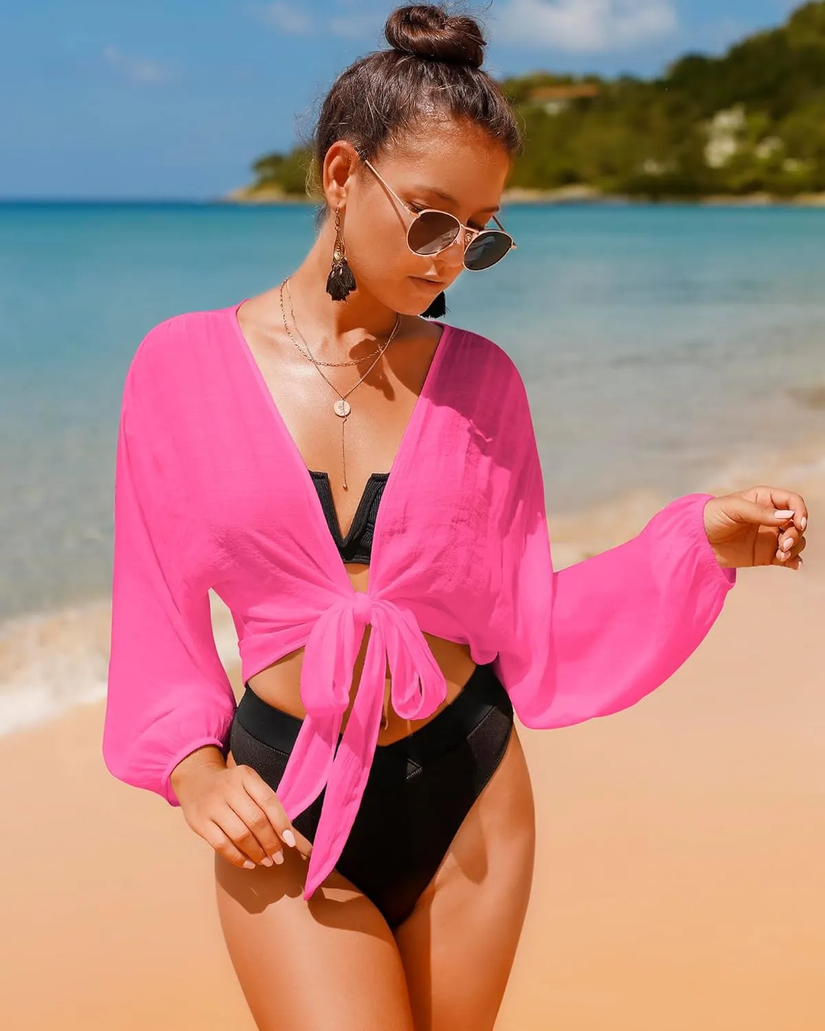 Women's Swimwear Cover Ups Tops Tunic Self-tie Swimsuit Bikini Bathing Suit Long Sleeve Soft Beach Shirt for Women