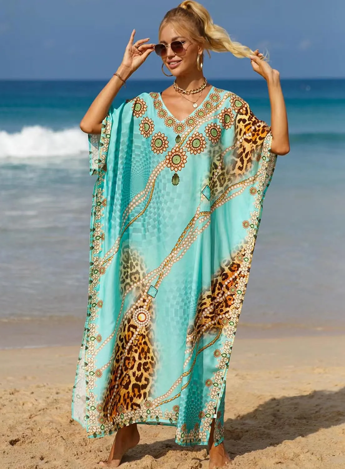 Women's V-Neck Batwing Sleeve Kaftan Dress Lightweight Beach Swimwear Cover Up for Mumu Tropical Vacation