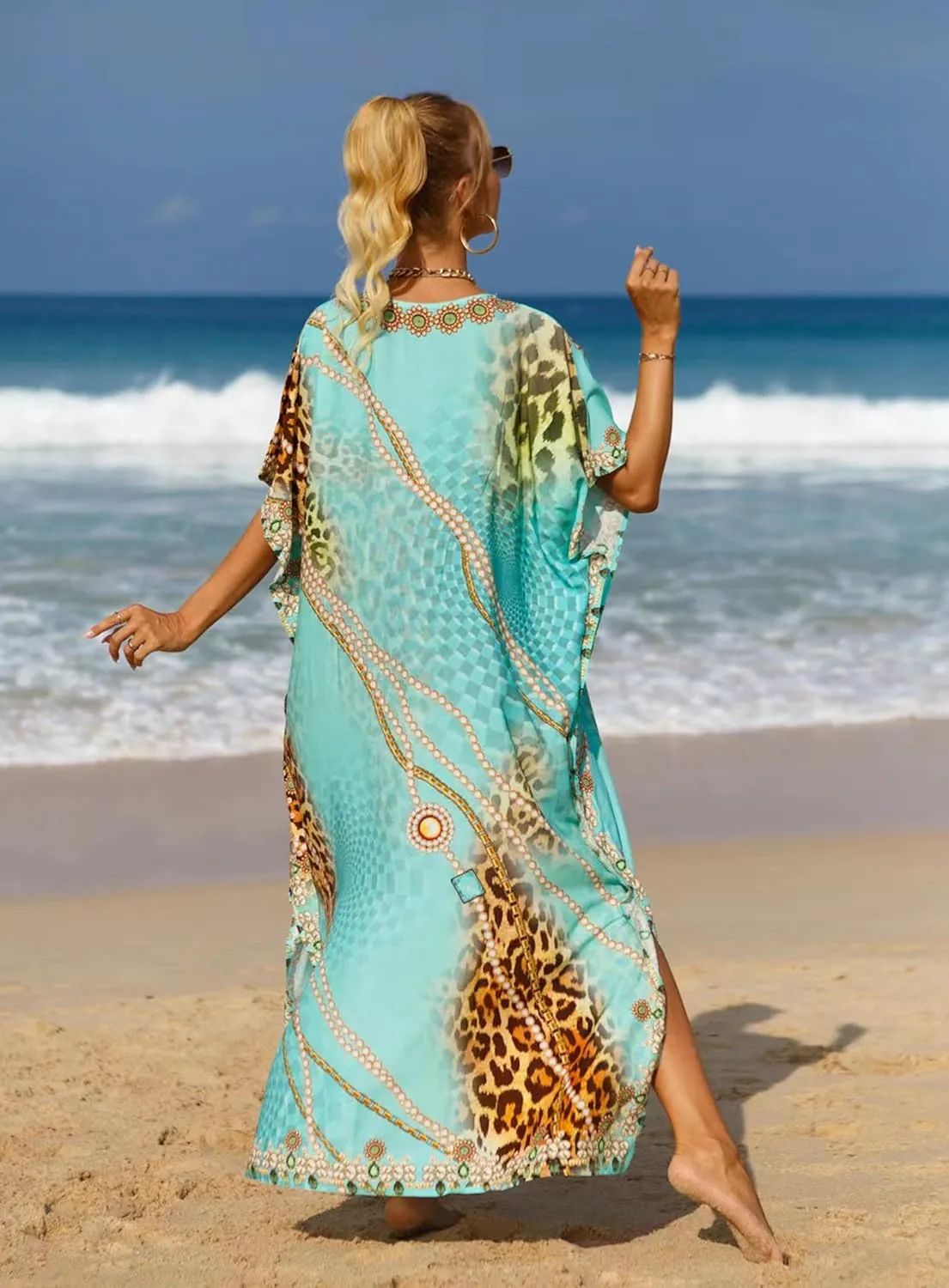 Women's V-Neck Batwing Sleeve Kaftan Dress Lightweight Beach Swimwear Cover Up for Mumu Tropical Vacation
