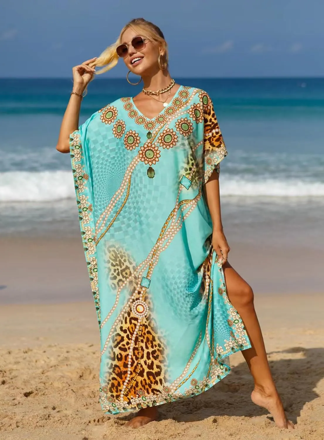 Women's V-Neck Batwing Sleeve Kaftan Dress Lightweight Beach Swimwear Cover Up for Mumu Tropical Vacation