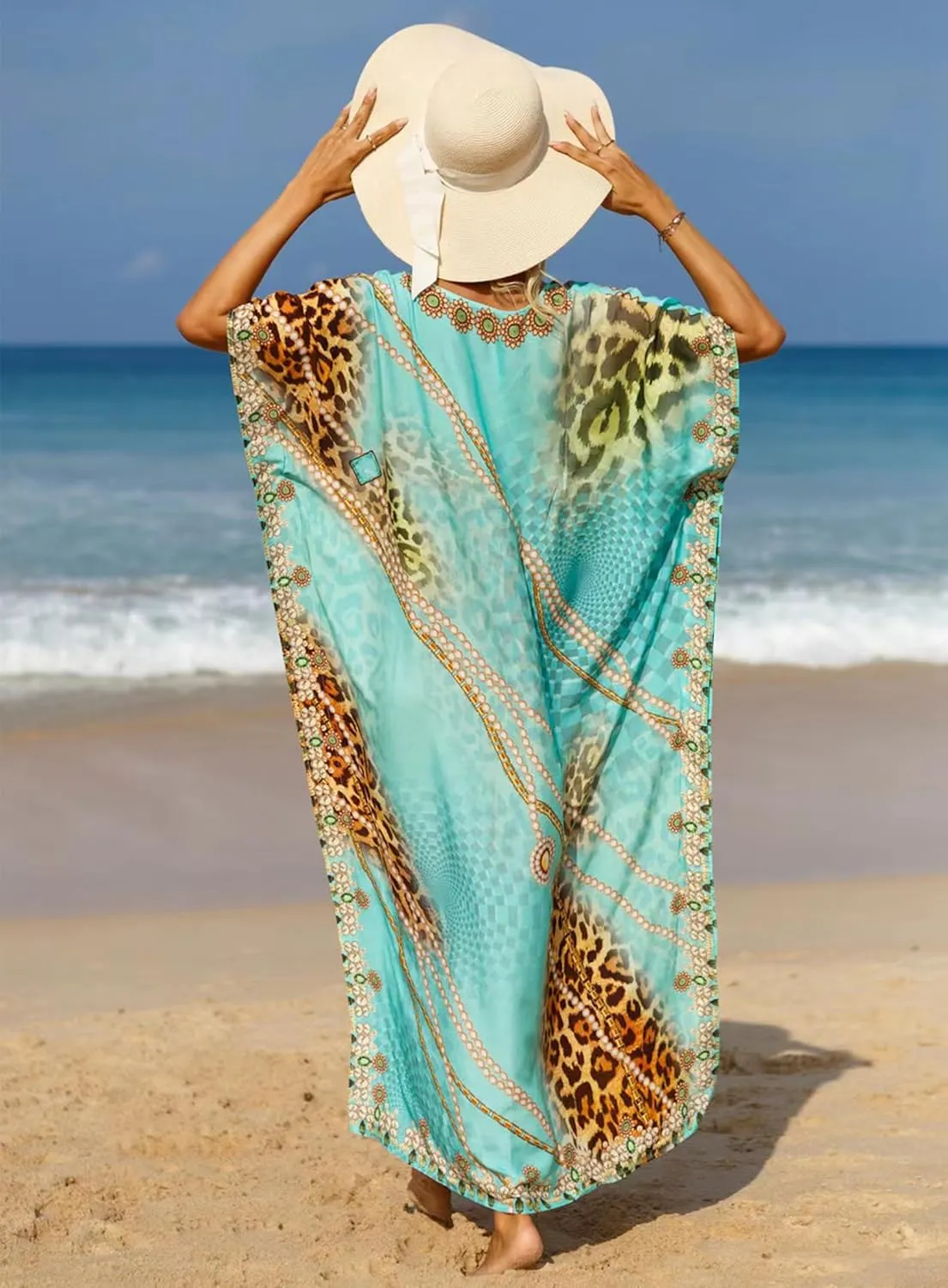 Women's V-Neck Batwing Sleeve Kaftan Dress Lightweight Beach Swimwear Cover Up for Mumu Tropical Vacation