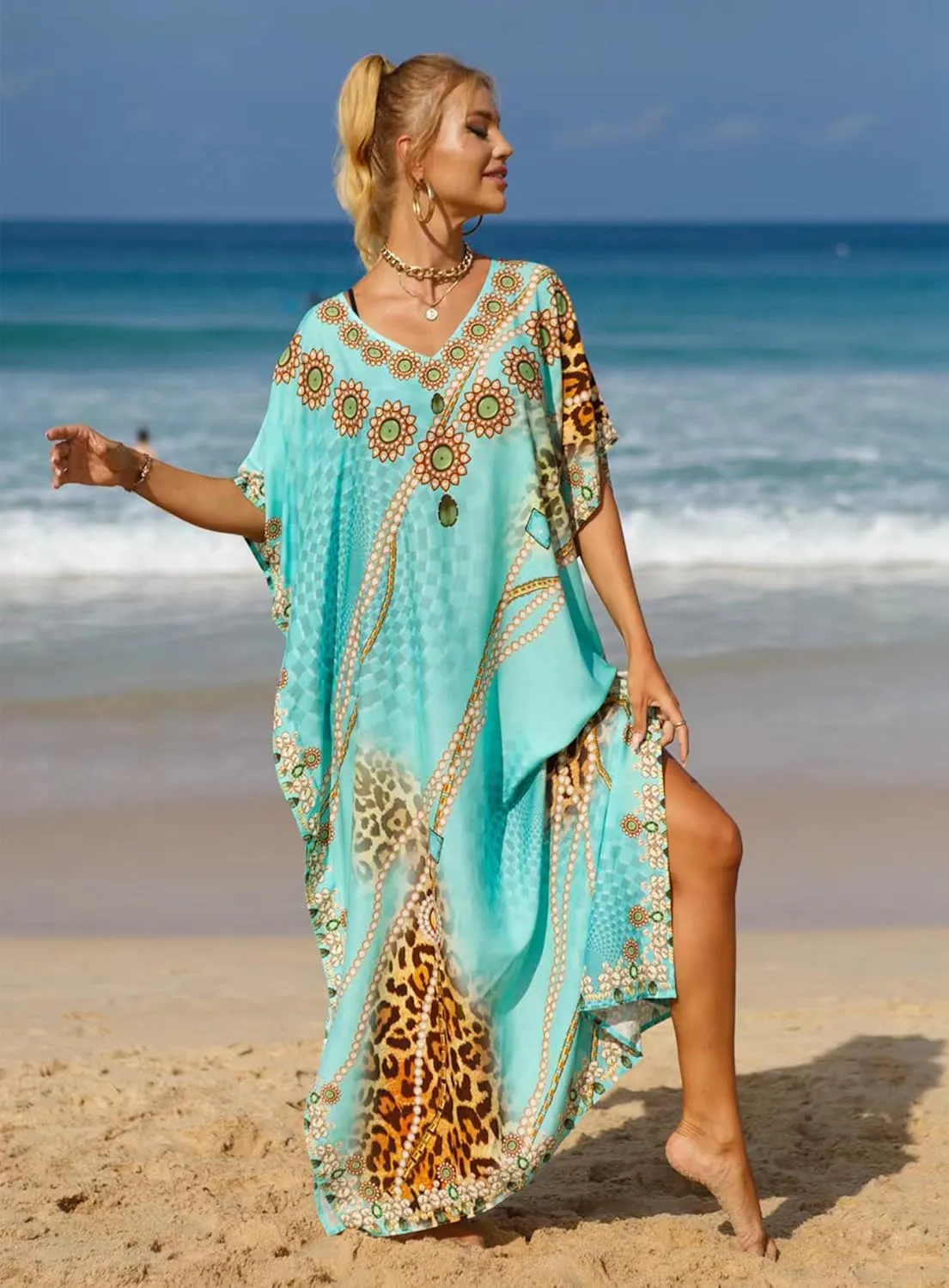 Women's V-Neck Batwing Sleeve Kaftan Dress Lightweight Beach Swimwear Cover Up for Mumu Tropical Vacation