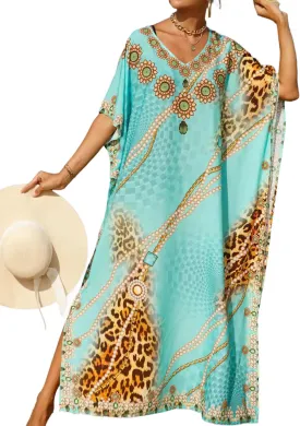 Women's V-Neck Batwing Sleeve Kaftan Dress Lightweight Beach Swimwear Cover Up for Mumu Tropical Vacation