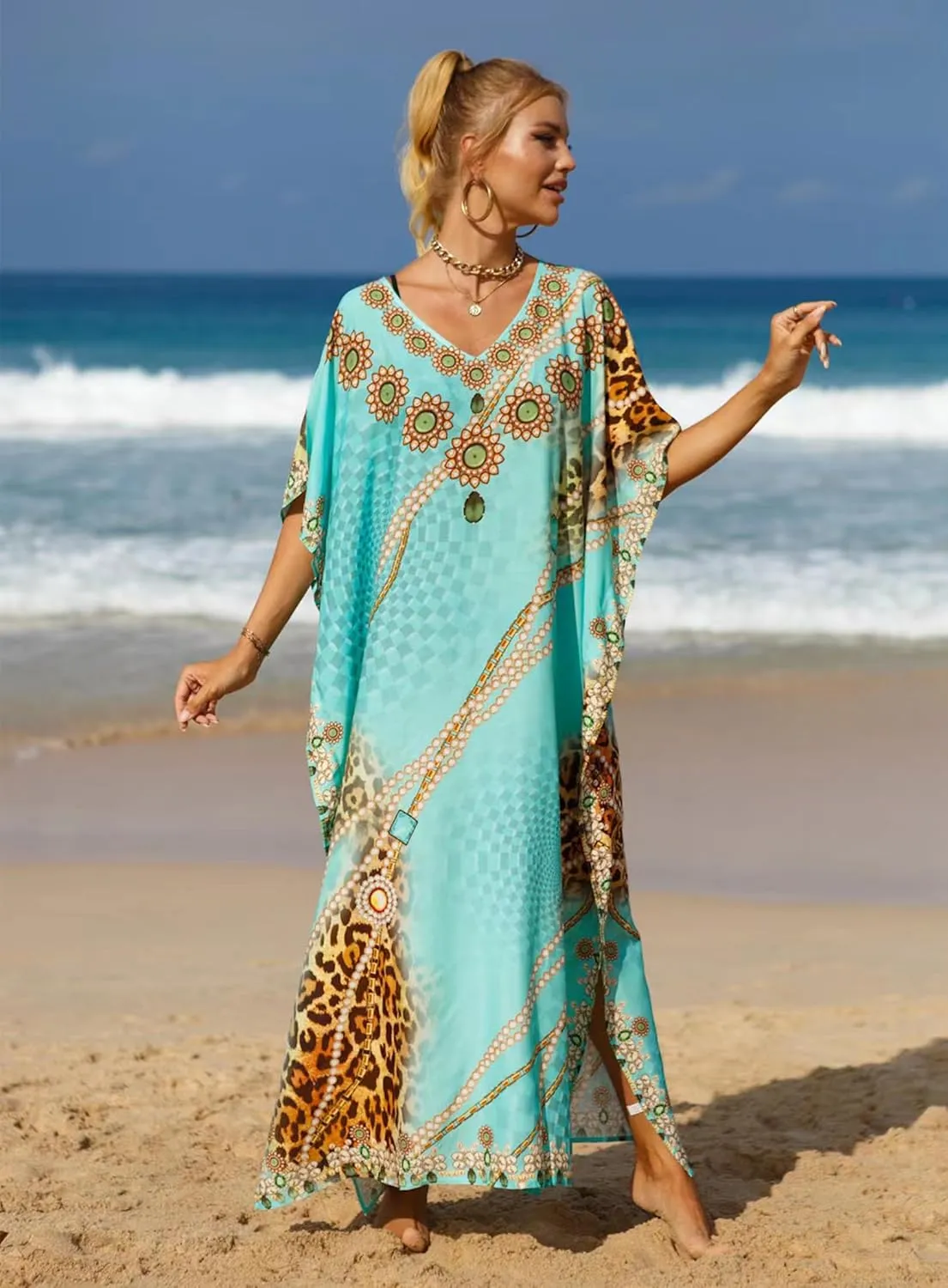 Women's V-Neck Batwing Sleeve Kaftan Dress Lightweight Beach Swimwear Cover Up for Mumu Tropical Vacation