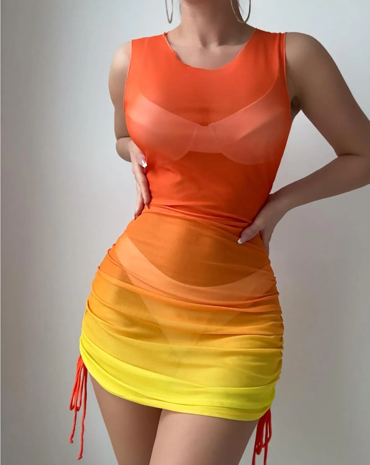 ZAFUL Women Swimsuit Cover Up Dress Ombre Side Ties Sleeveless Sheer Mesh Bathing Suit Coverups Beach Dress